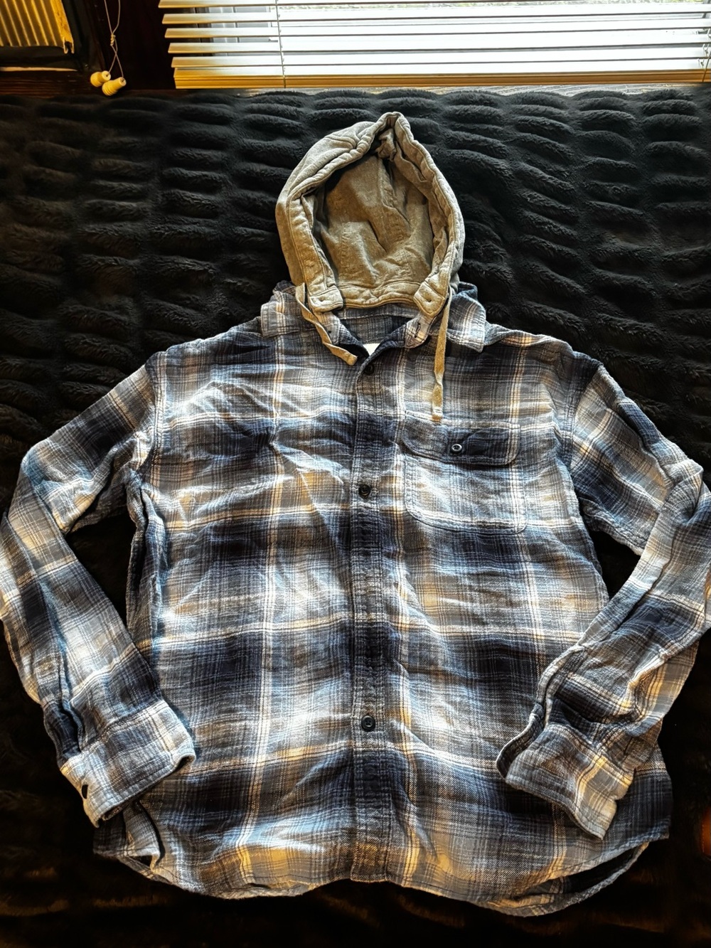 American Eagle Outfitters Blue Gray Plaid Hooded Shirt Jacket